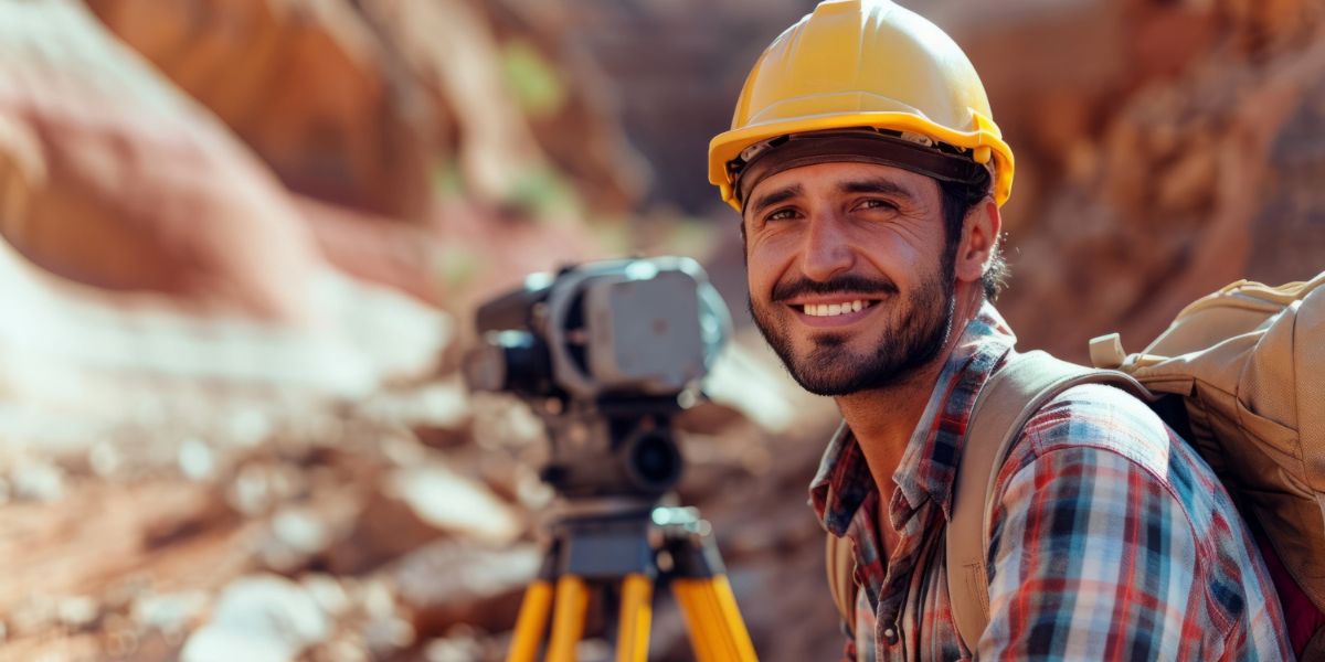 Smiling land surveyor in a yellow hard hat and plaid shirt with a surveying instrument in the background