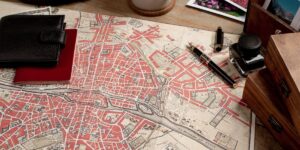 An antique, highly detailed map of a city, likely Paris, laid on a desk with a pen and leather wallet